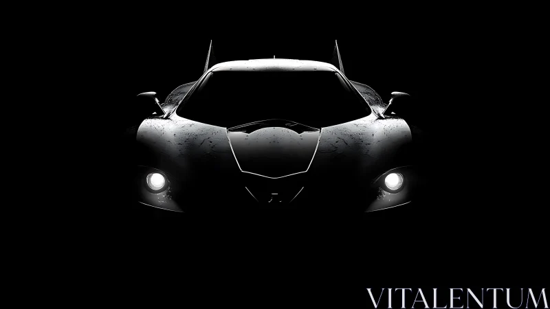 Midnight predator supercar emerging from sculpted darkness.