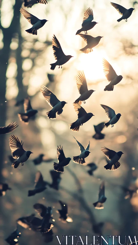 Flock of dusklit songbirds swirling through molten sunlight.