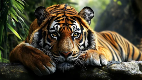Resting tiger gazes calmly from lush jungle ledge.