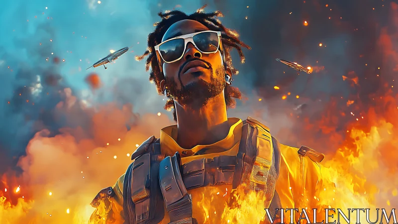 Stylized urban figure in tactical vest within fiery scene.