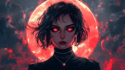 Midnight muse glowing beneath a wild crimson moon.