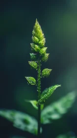 Dew-covered green bud rises against soft teal bokeh.