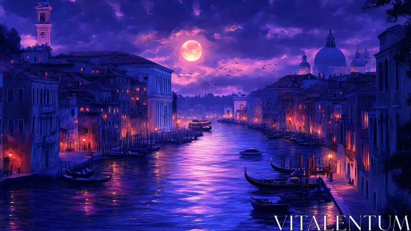 Digital painting of Venetian canal under luminous violet moonlight.
