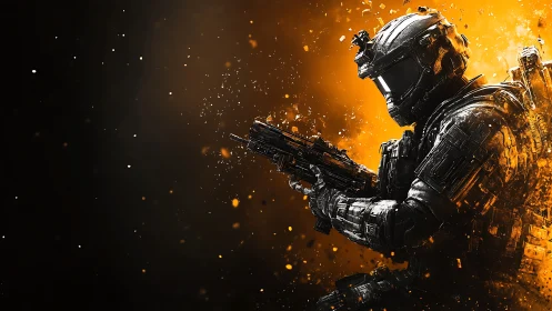 Armored sci fi soldier rendered in high contrast explosive orange field