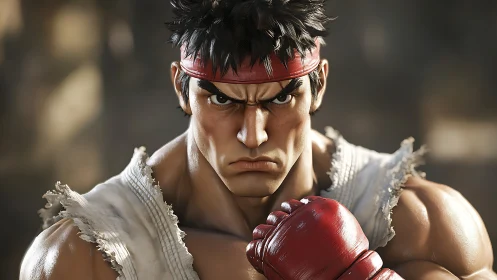 Digital close-up of martial artist character in gloves.