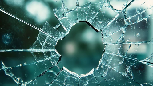 Shattered glass window with central impact hole detail.