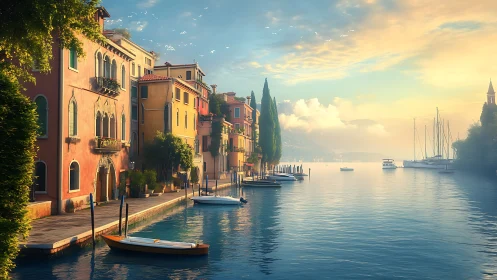 Sunlit canal facades merge with misty marina horizon at dawn