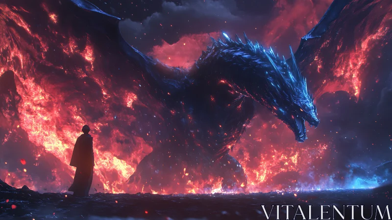 Volcanic confrontation with bioluminescent dragon and lone mage