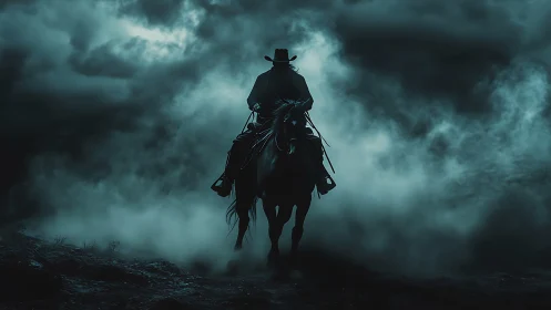 Lone midnight rider emerging through stormlit mist.