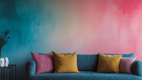 Colorful sofa anchors a serene ombre living room wallscape
