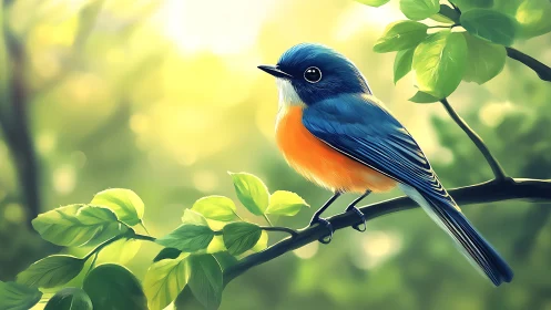 Vibrant blue and orange bird on branch, digital art scene.