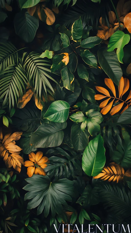 Lush tropical foliage pattern with deep tonal contrast rendering.