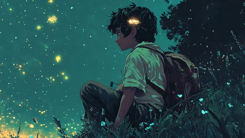 Boy under starry firefly sky rests in glowing meadow.