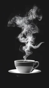Hot black coffee steams from white porcelain cup on black