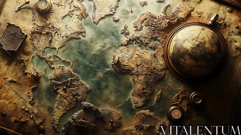 Textured vintage world map with raised relief cartography.