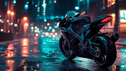Supersport motorcycle on neon drenched nocturnal wet street.