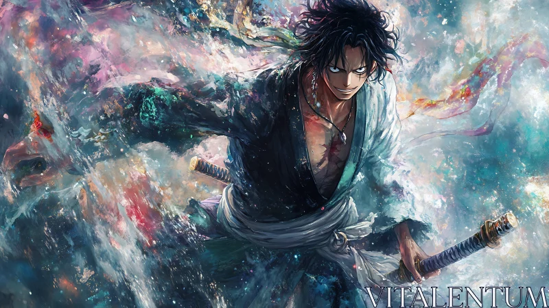 Dynamic swordsman in storm of swirling iridescent energy field