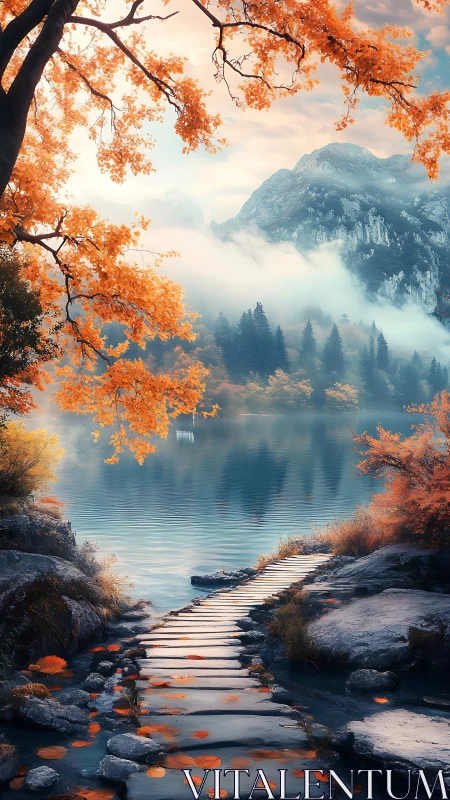 Autumn lakeside stone path beneath misty alpine mountains