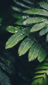 Gentle raindrops resting softly on deep green leaves.