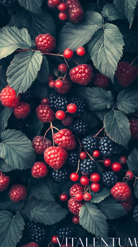 Sun-kissed forest berries nestled in cool green leaves.