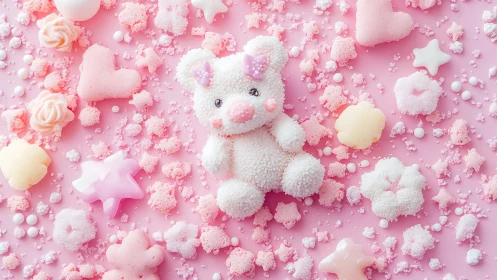 White textured cat figure surrounded by pink decorative sugar elements