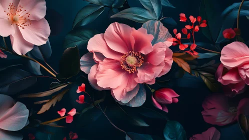 Pink Peonies and Red Blooms Against Dark Teal.