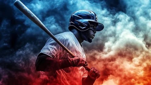 Intense baseball batter framed in dramatic smoke burst.