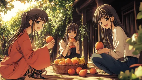Three girls with basket of fruit on wooden veranda at dusk.