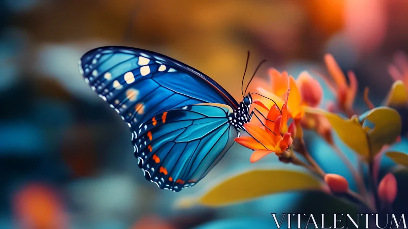 Blue butterfly rests on orange blossom in vivid bokeh garden.