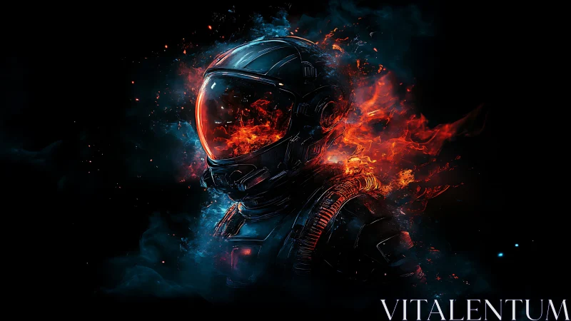 Lone space warrior stands in a burning cosmic inferno