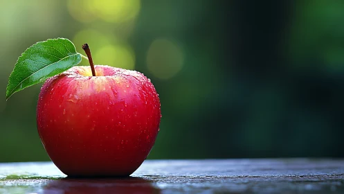 Single wet red apple under soft bokeh lighting on wood surface
