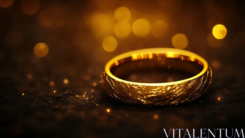 Gold wedding band on dark glitter surface, warm bokeh glow.