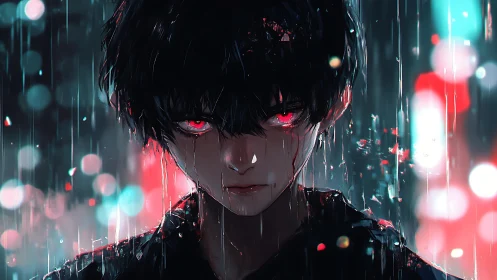 Rain-soaked anime antihero glares with glowing crimson eyes