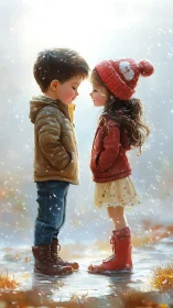 Two Children Share a Snowy Moment of Connection.