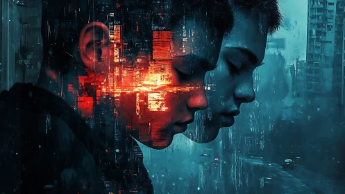 Cyberpunk dual portrait with glitching neon city overlay.