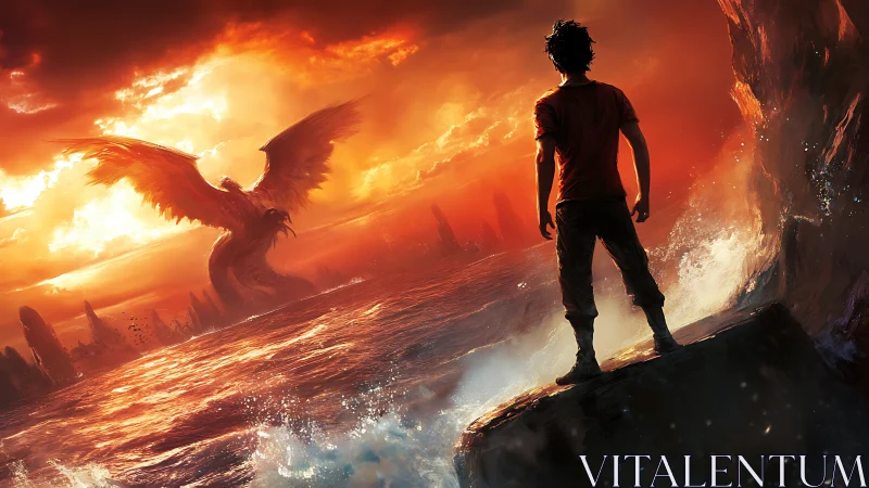 Stormlit boy confronts ember-winged sea titan at dusk.