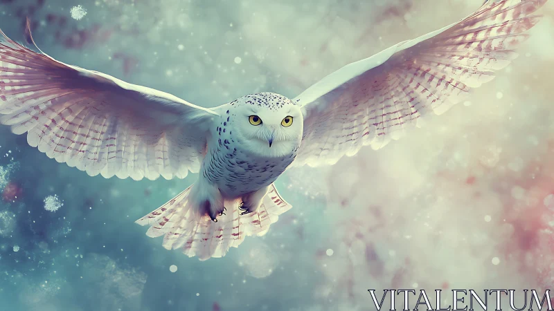 Majestic snowy owl in flight with dreamy, ethereal background.
