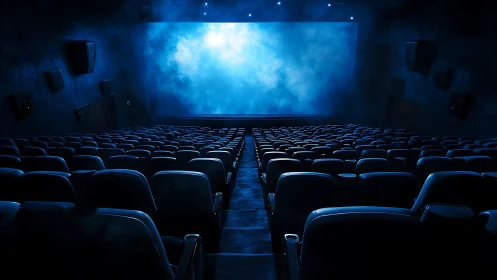Empty cinema breathes blue light toward waiting stories