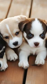 Close-up portrait of two fluffy puppies on wood deck.