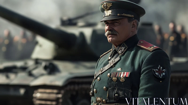 Veteran commander stands steady before the waiting tank lines.