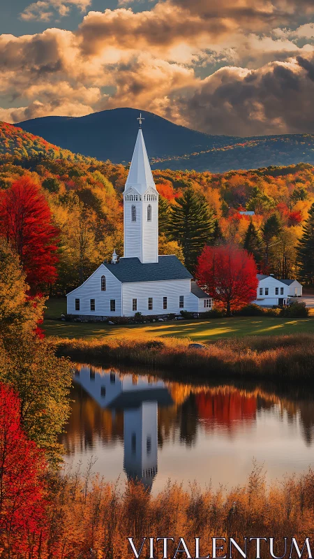 Quiet white chapel among glowing autumn hills at sunset.