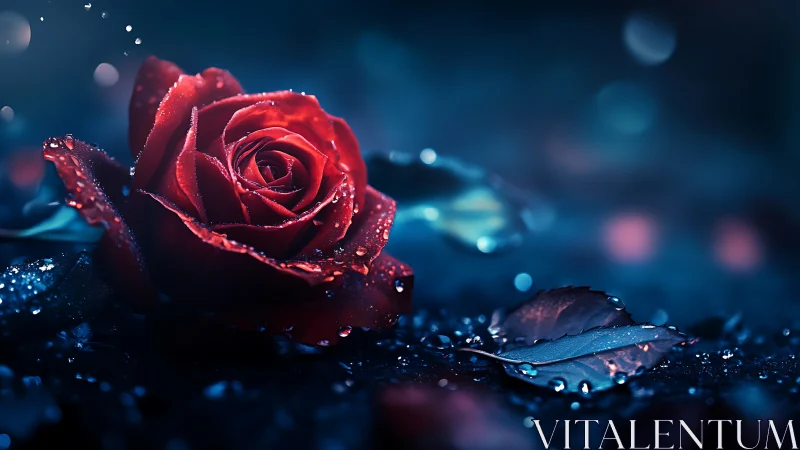 Red Rose with Water Drops Against Blue Background.