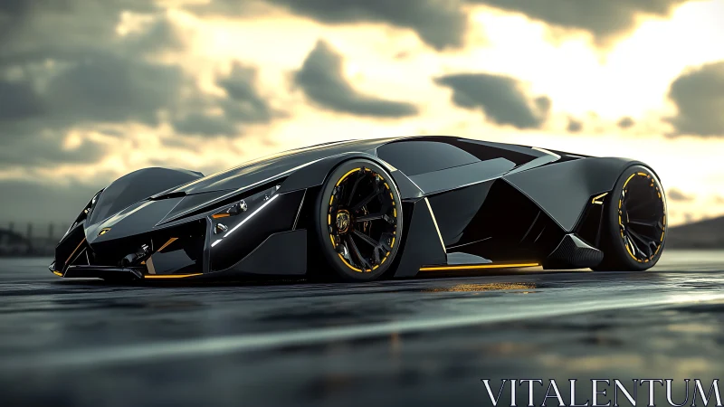 Sleek midnight supercar resting beneath stormy golden skies.