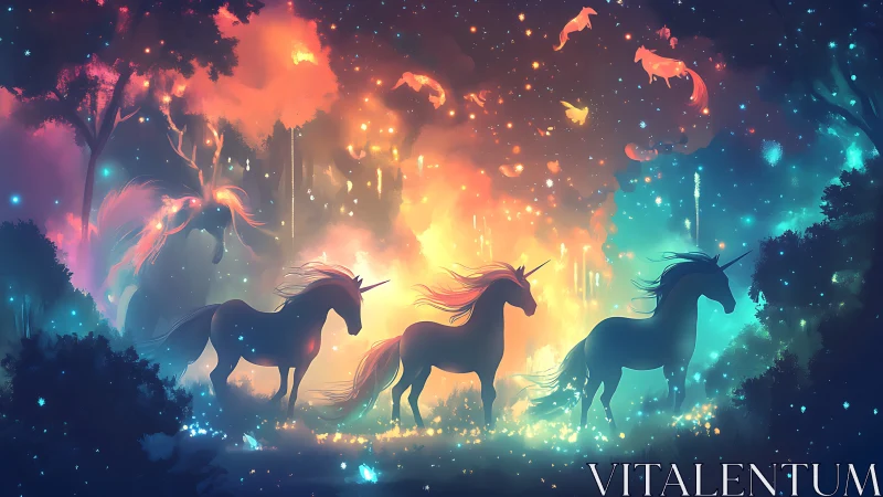 Silhouetted unicorns in glowing multicolor fantasy forest.