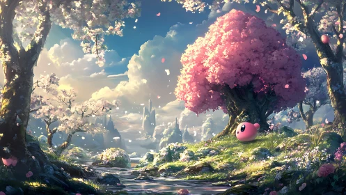 Pastel fantasy grove with pink mascot under blooming tree.