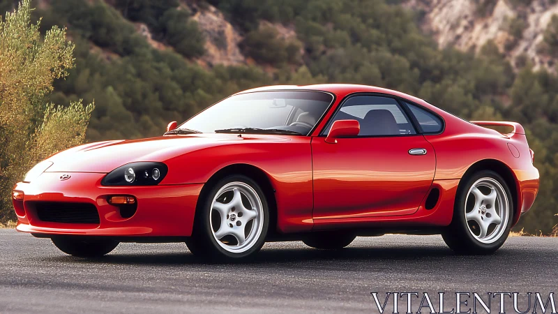 Red 1990s sports coupe parked on mountain road at sunset.