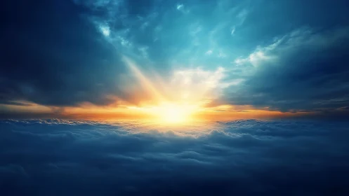 Vivid sunrise breaking through dense clouds over horizon.