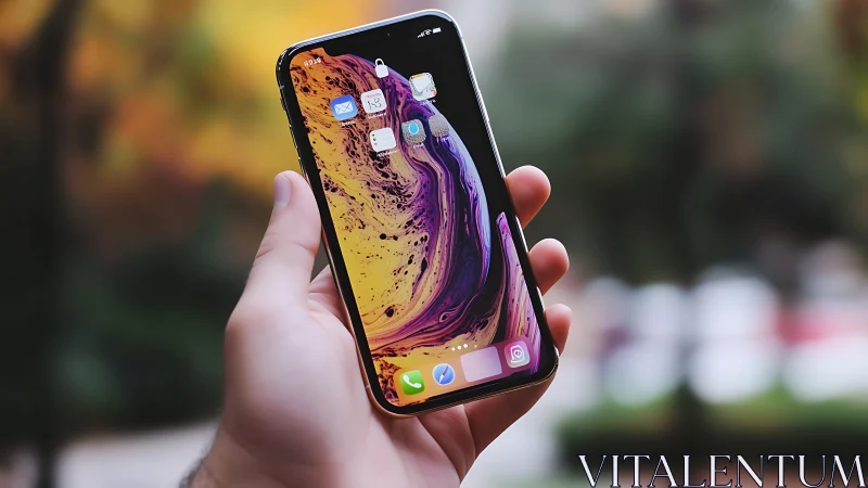 Bezel-less OLED smartphone in hand with vivid abstract wallpaper
