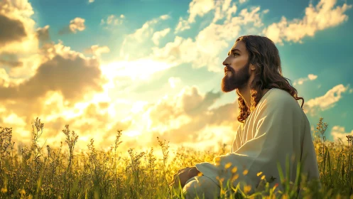 Side-profile figure sits in field under backlit clouded sky