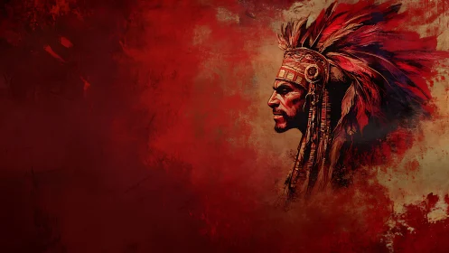 Warrior profile emerges from textured crimson haze.